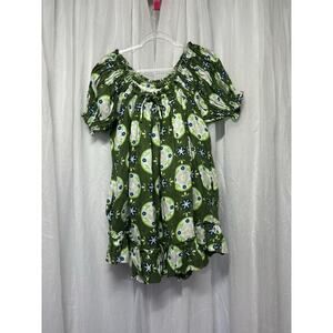 Innika Choo Dress 100% Linen Floral Dart Off Shoulder Mini Dress Boho Chic Green